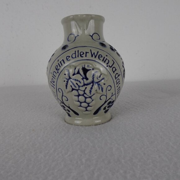 German Salt Glaze Wine Jug Pitcher 4.5" Tall Stoneware Pottery Gray & Blue - Picture 2 of 9